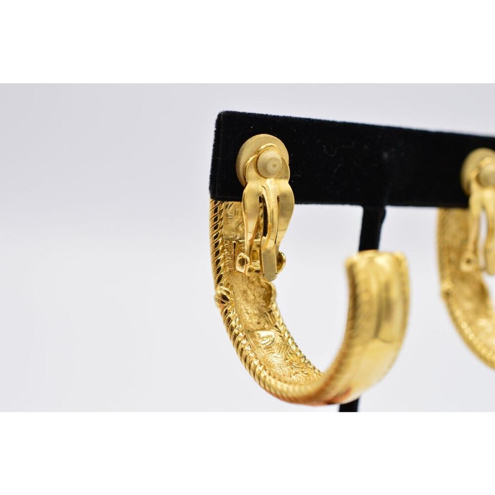 Givenchy Vintage Clip Pm Earrings Chunky Hoop Gold Logo Letters Signed 80s BinAB - Picture 9 of 11